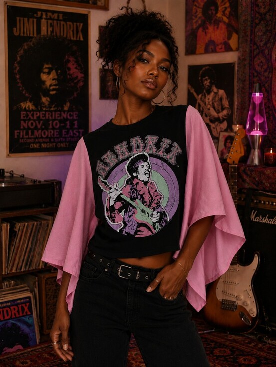 Upcycled Tops - Upcycled Jimi Hendrix Band Tee With Flowy Sleeves